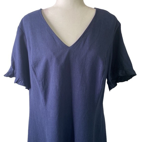 Marée Pour Tio V-Neck Ruffle Trim Short Sleeve Knee Length Dress Viscose Linen - Picture 3 of 15